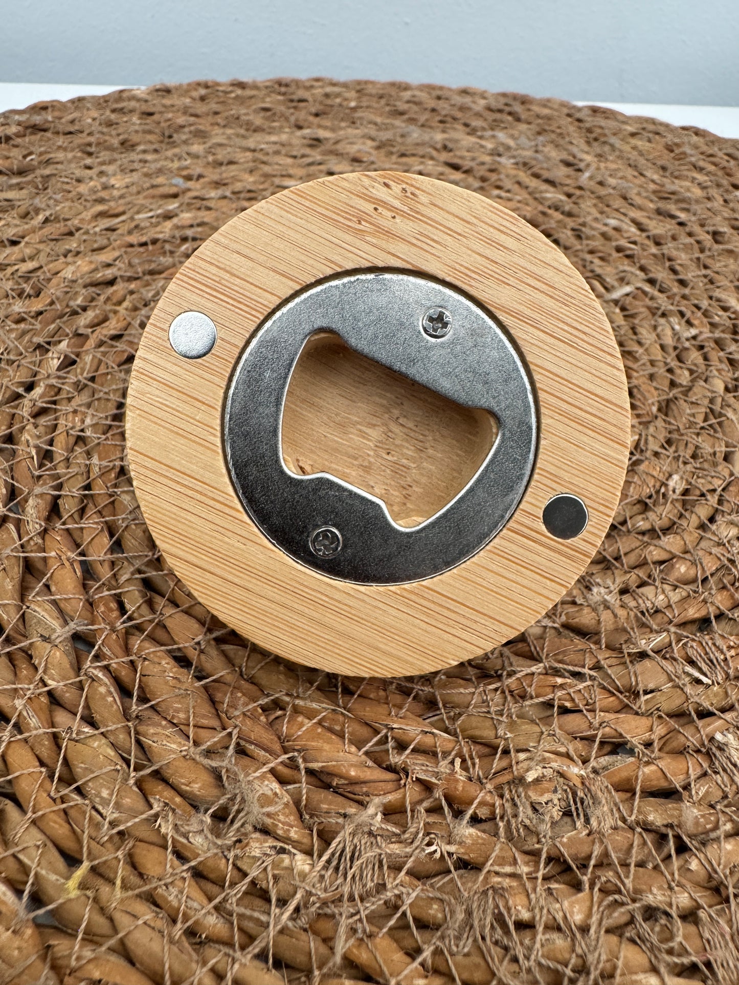 Magnetic Bamboo Bottle Opener – Round Wooden Design