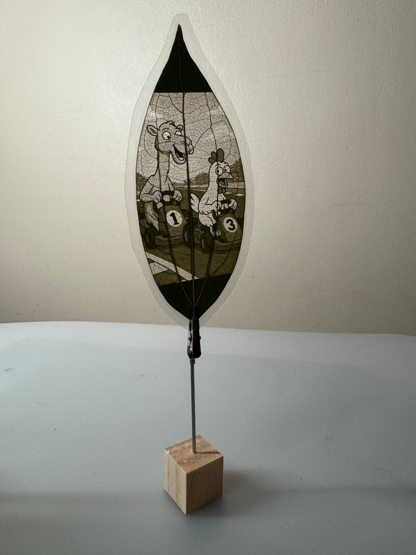 Laminated Laser Engraved Leaf + Wooden Display Cube and Clip
