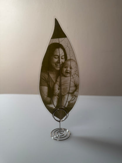 Personalised Laser Engraved Leaf Photo with Metal Stand – Custom Memory Keepsake Gift