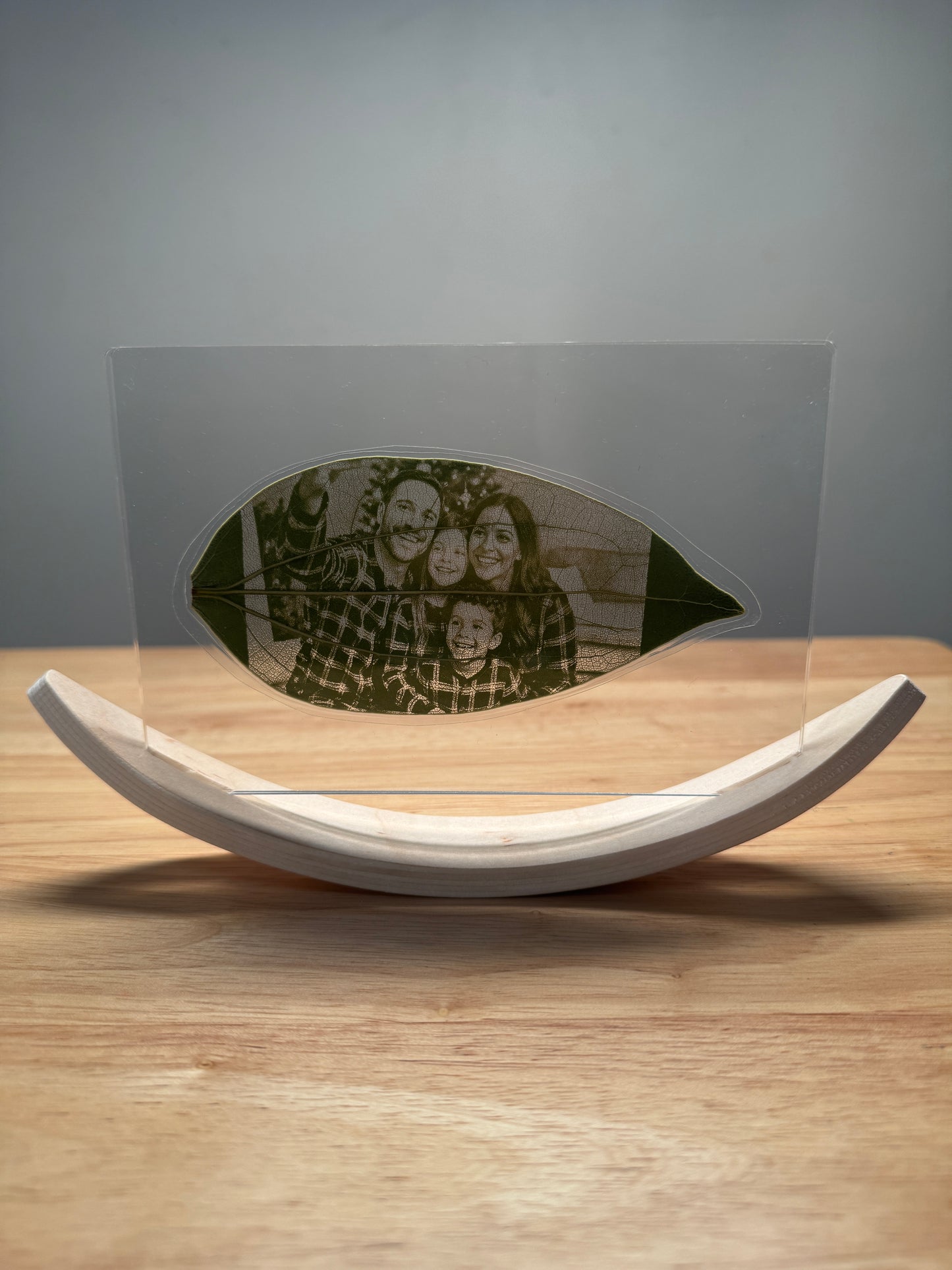 Personalised Laser-Engraved Leaf With Wooden Rocker Stand