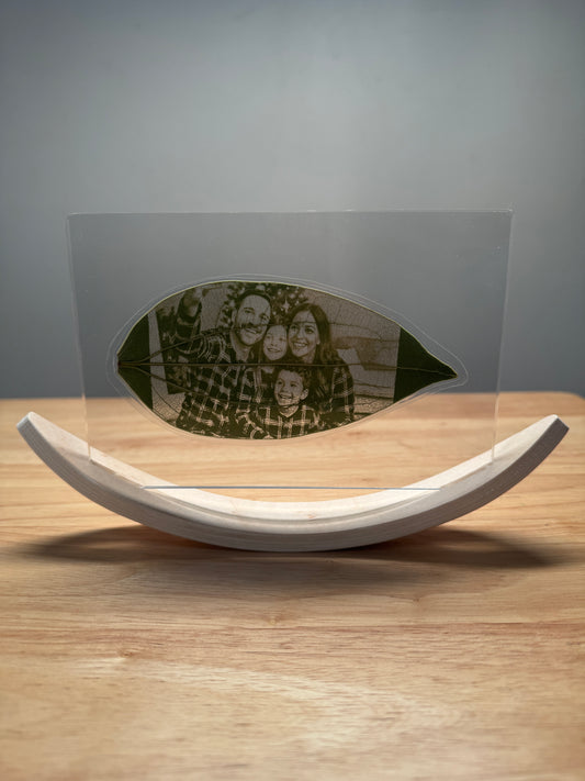 Personalised Laser-Engraved Leaf With Wooden Rocker Stand