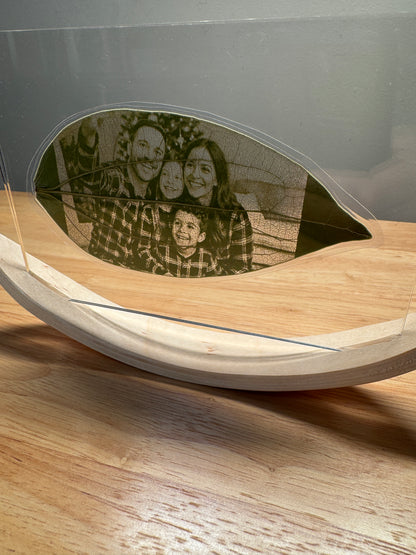 Personalised Laser-Engraved Leaf With Wooden Rocker Stand