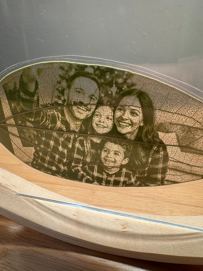 Personalised Laser-Engraved Leaf With Wooden Rocker Stand