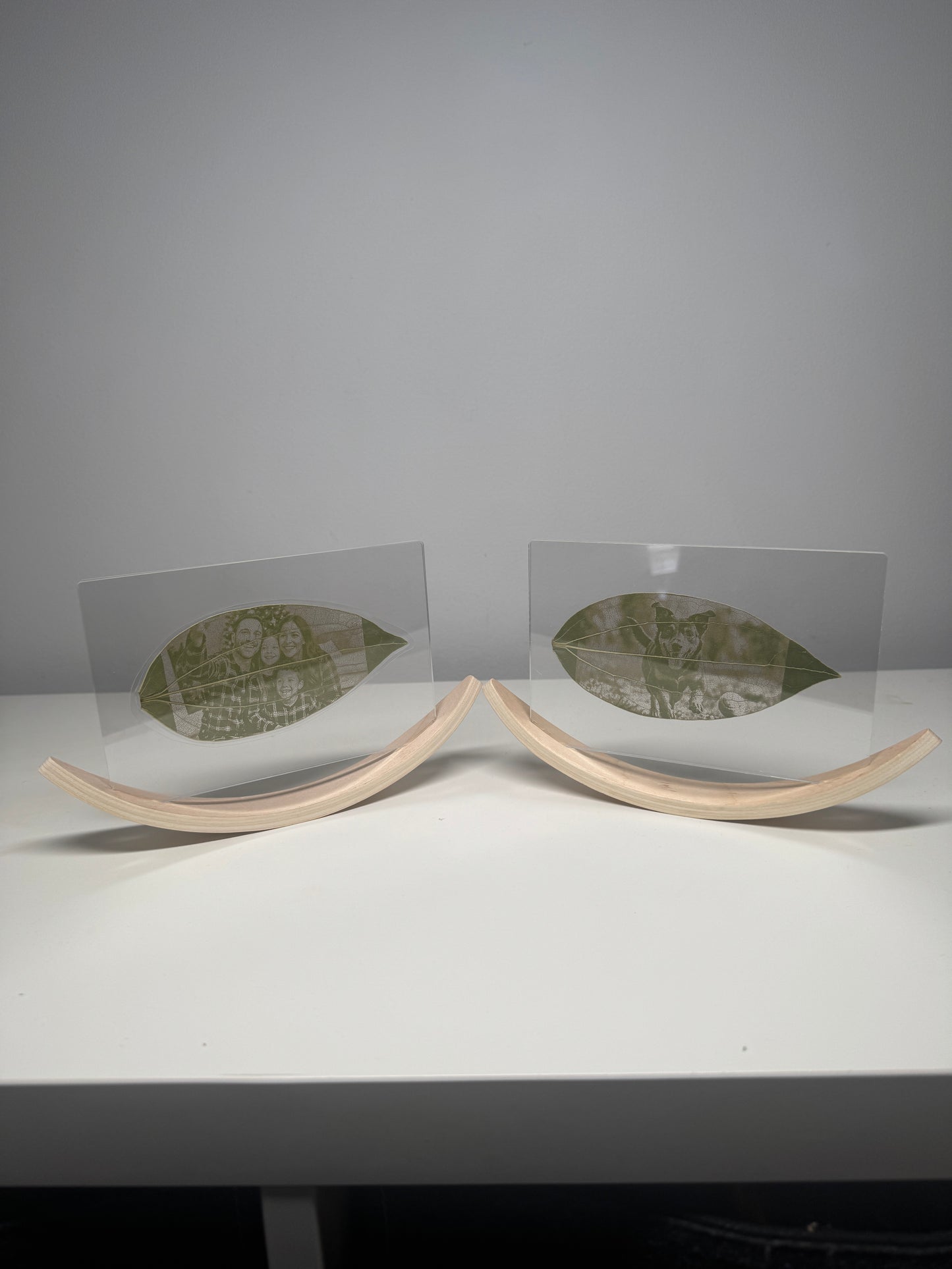 Personalised Laser-Engraved Leaf With Wooden Rocker Stand
